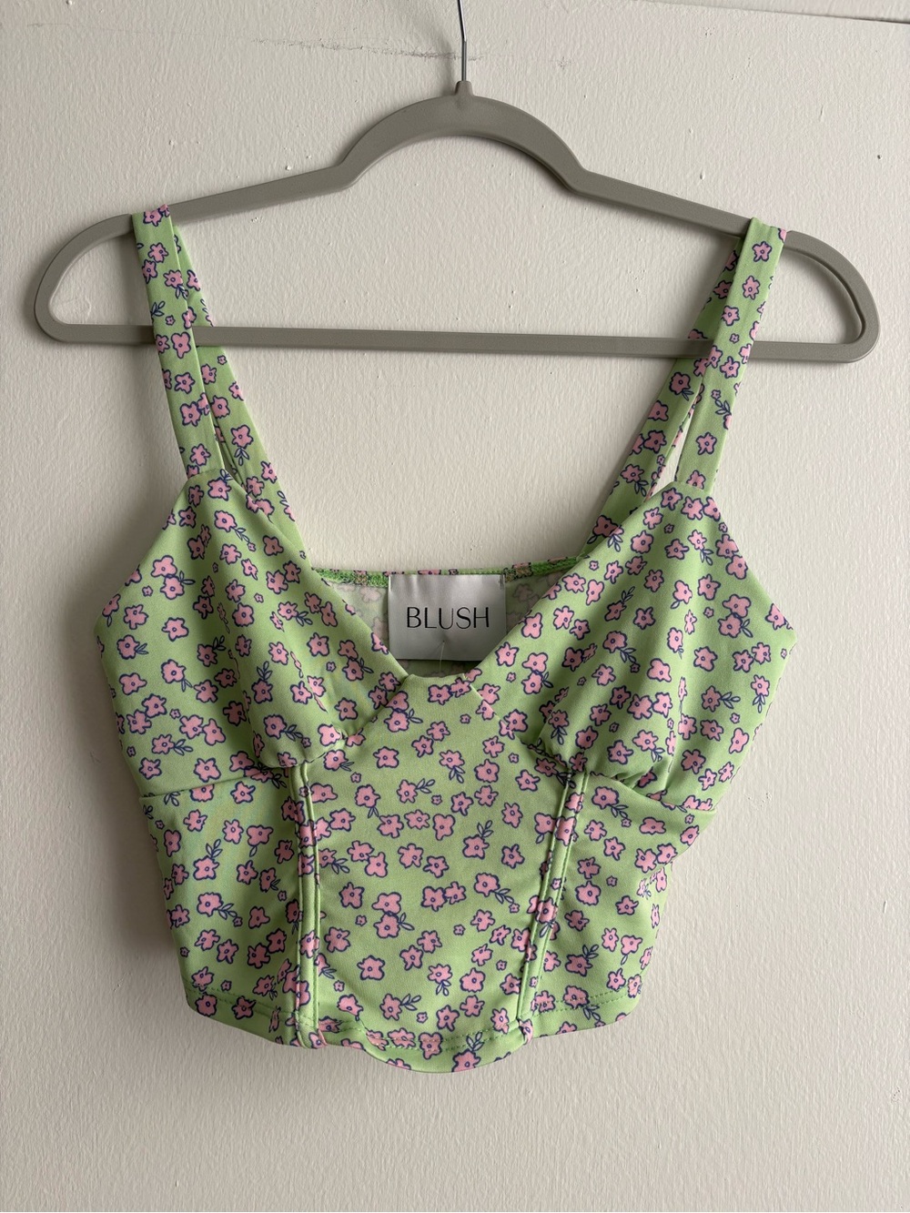 Blush Light Green Floral Bustier Crop Top with Pink Flowers NWT